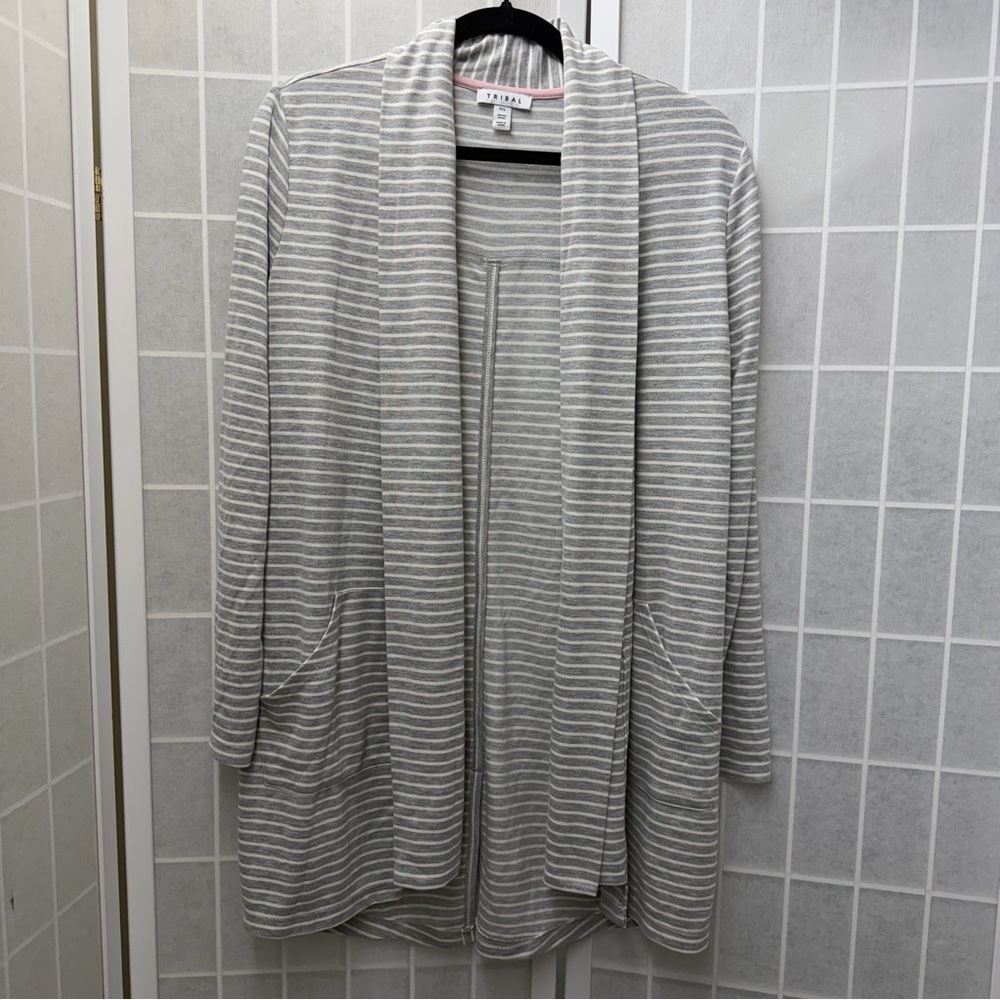 Tribal Striped Sweater Cardigan Small Grey & White Striped